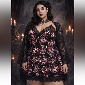Dark Floral Unconventional Lace-Trim Cami Slip Dress Lingerie Whimsigoth‎ Sz XL